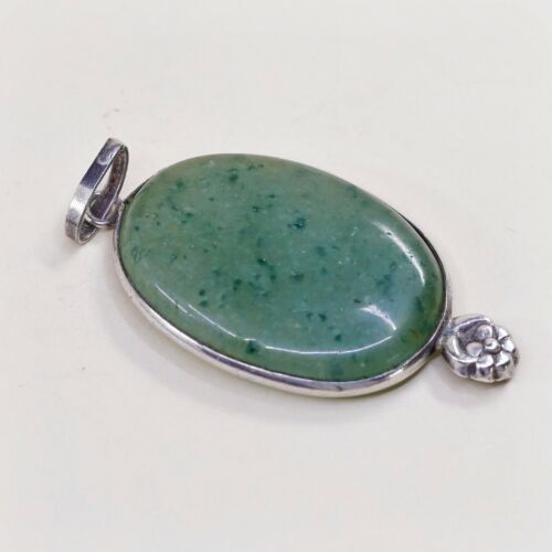 Vtg Sterling Silver Handmade Pendant solid 925 silver w/ Oval jade N Flowrt