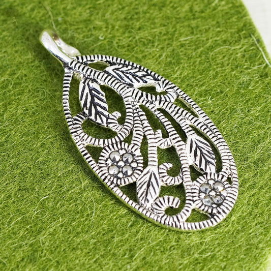 vintage sterling silver 925 pendant with marcasite and flower vine