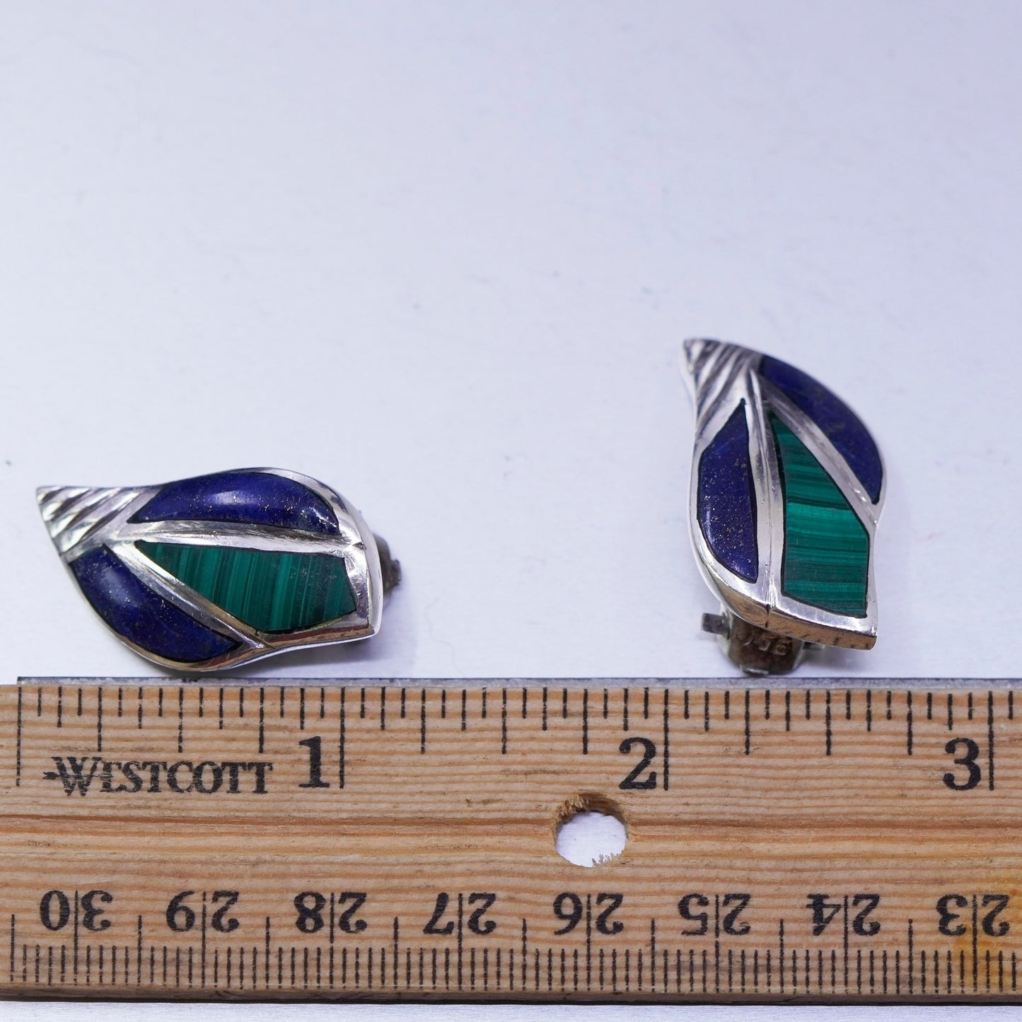 Sterling 925 silver handmade earrings, leafy clip on w/ malachite lapis lazuli