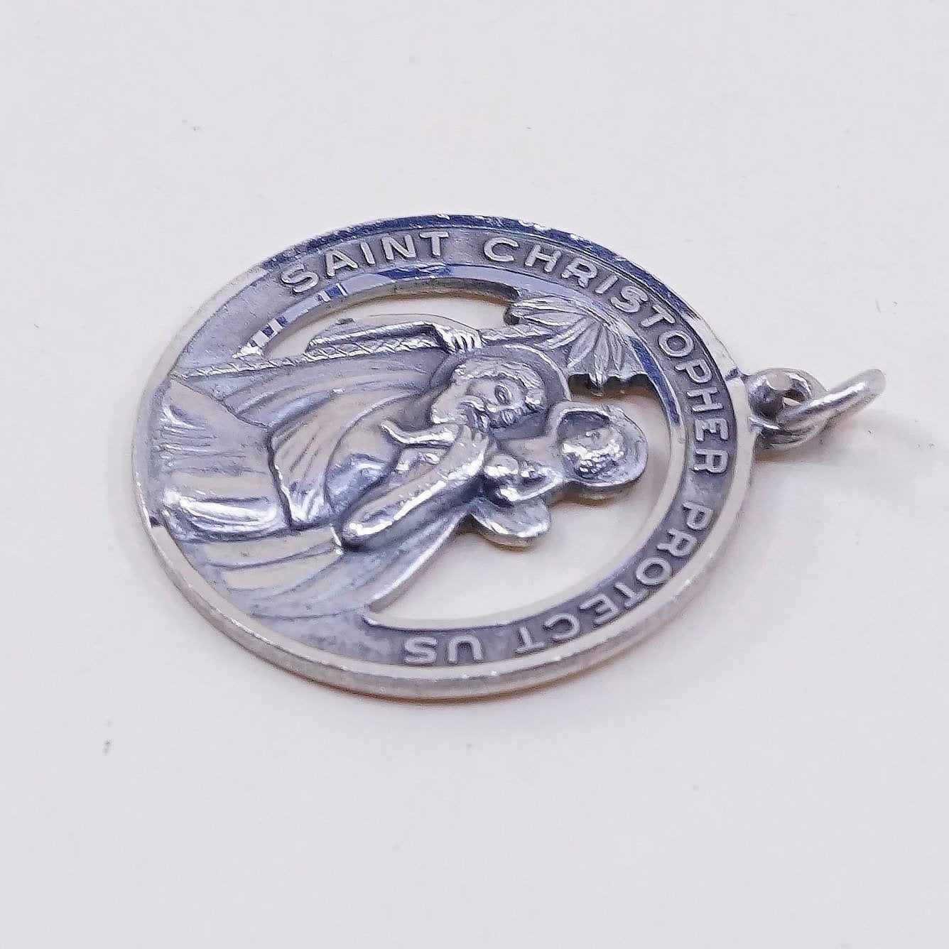 VTG sterling oval charm, 925 pendant w/ “Saint Christopher protect us"