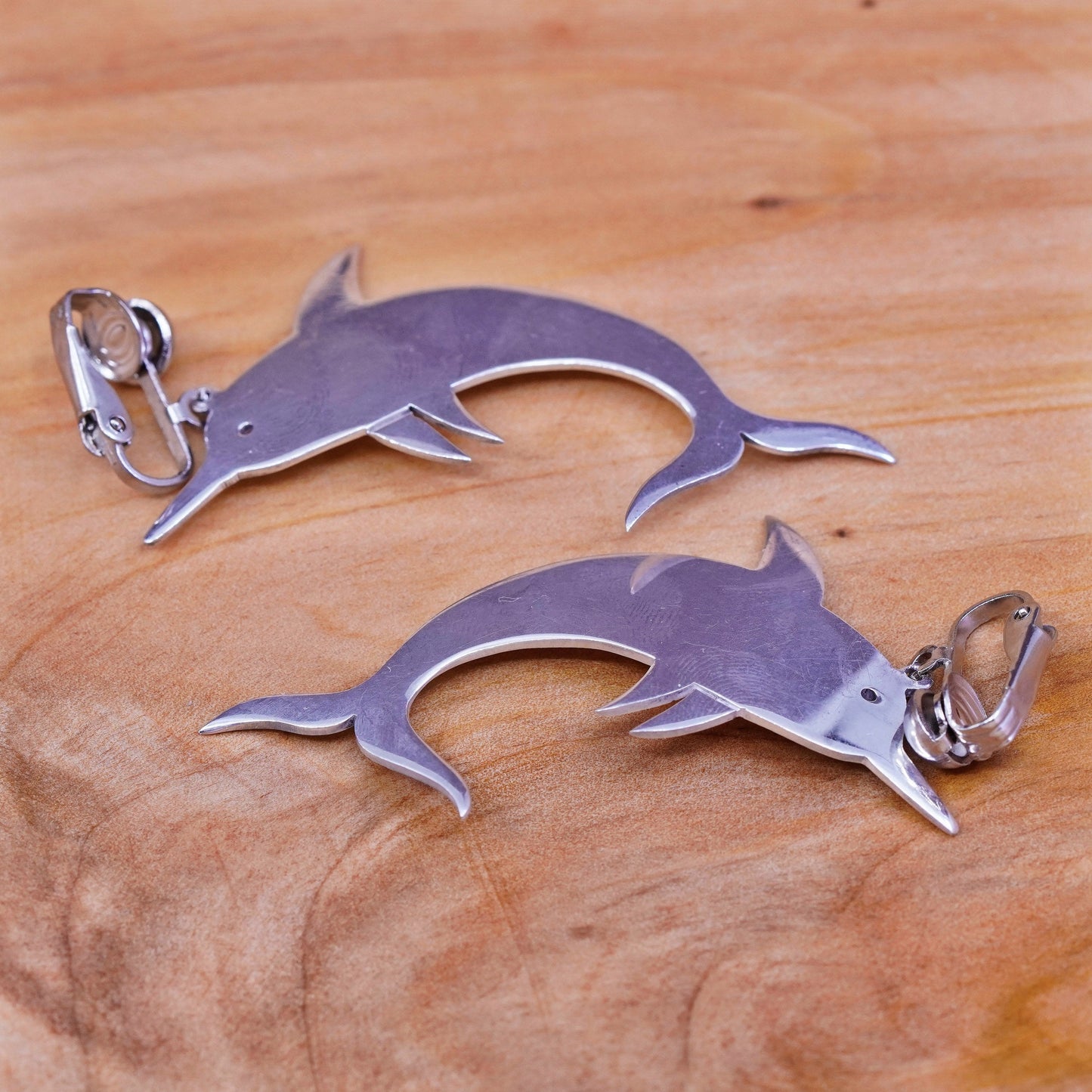 Vintage Sterling silver handmade clip on, 925 dolphin earrings