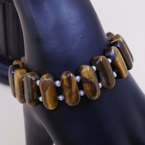 6.75”, Vintage Sterling 925 Silver Handmade Bracelet Oval Golden Tiger’s Eye