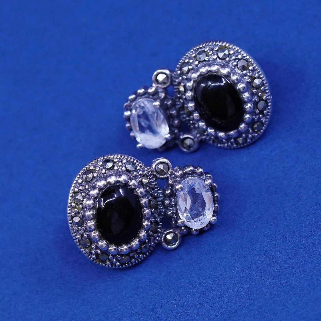 vtg sterling silver handmade earrings, 925 studs w/ obsidian, Cz N marcasite