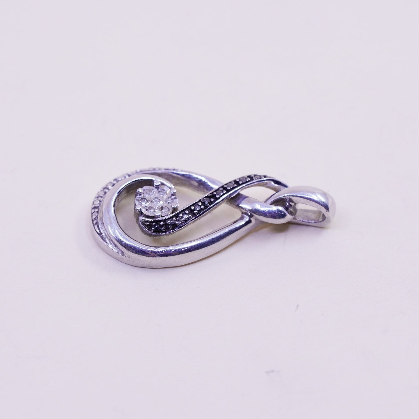 vintage Sterling silver Pendant, 925 entwined teardrop with real diamond