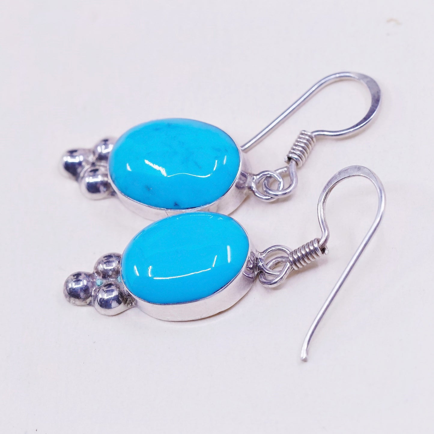 Vintage Sterling 925 silver handmade earrings, with oval turquoise, Stamped 925