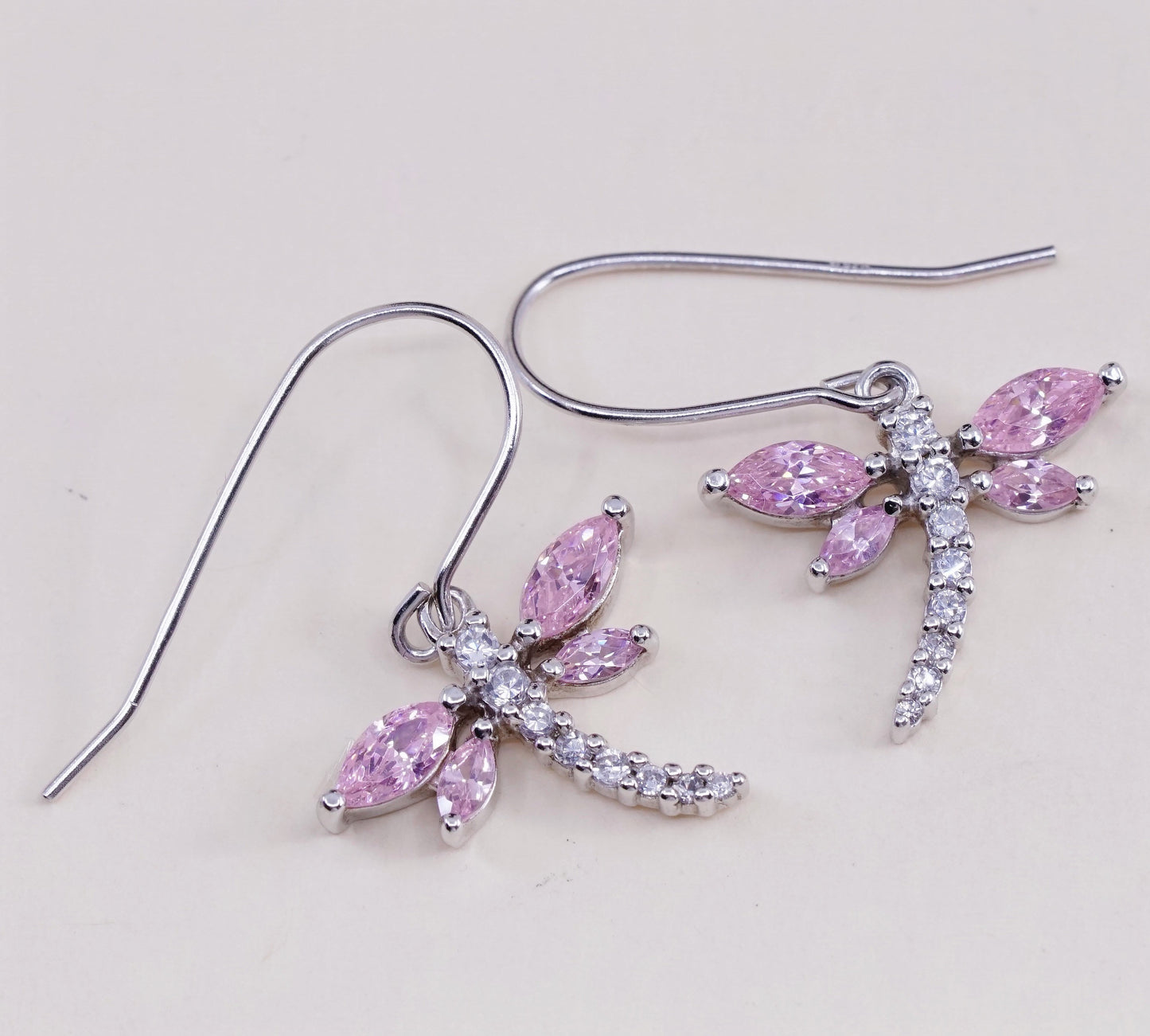 Vintage handmade sterling 925 silver dragonfly earrings with pink Cz