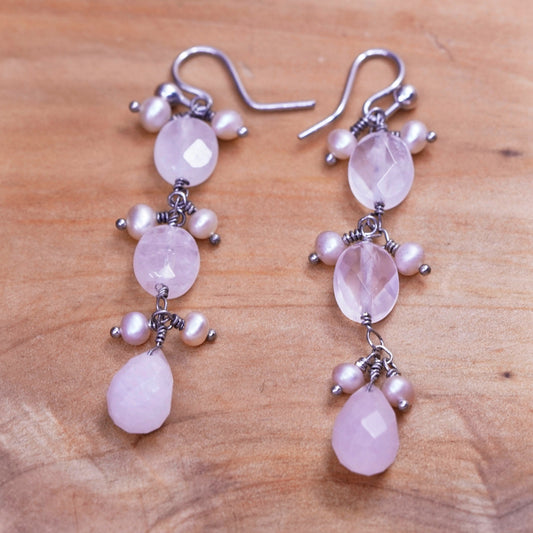 Vintage Mexico Sterling 925 silver handmade earrings w/ pink rose quartz pearl