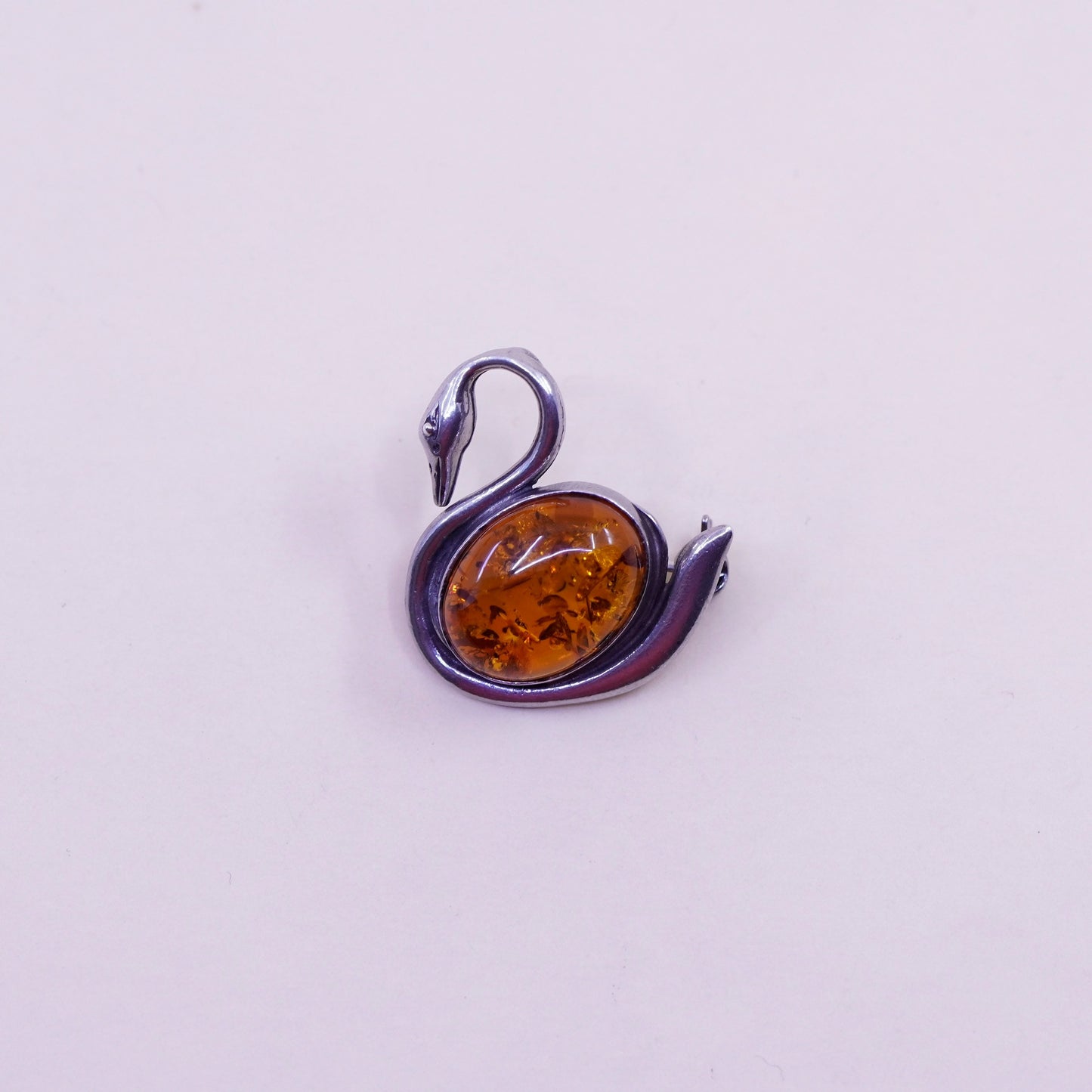 Vintage sterling silver handmade brooch, 925 swan bird amber pin pendant