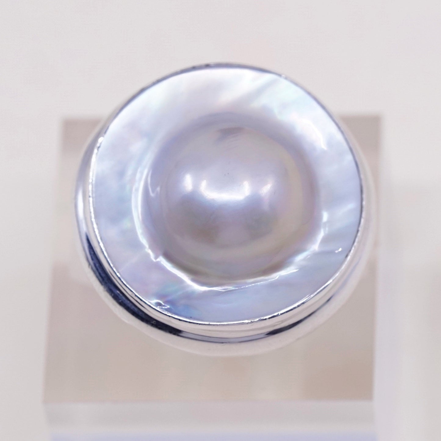 sz 7, vtg SLJ Sterling silver handmade ring, modern 925 band w/ bluster pearl