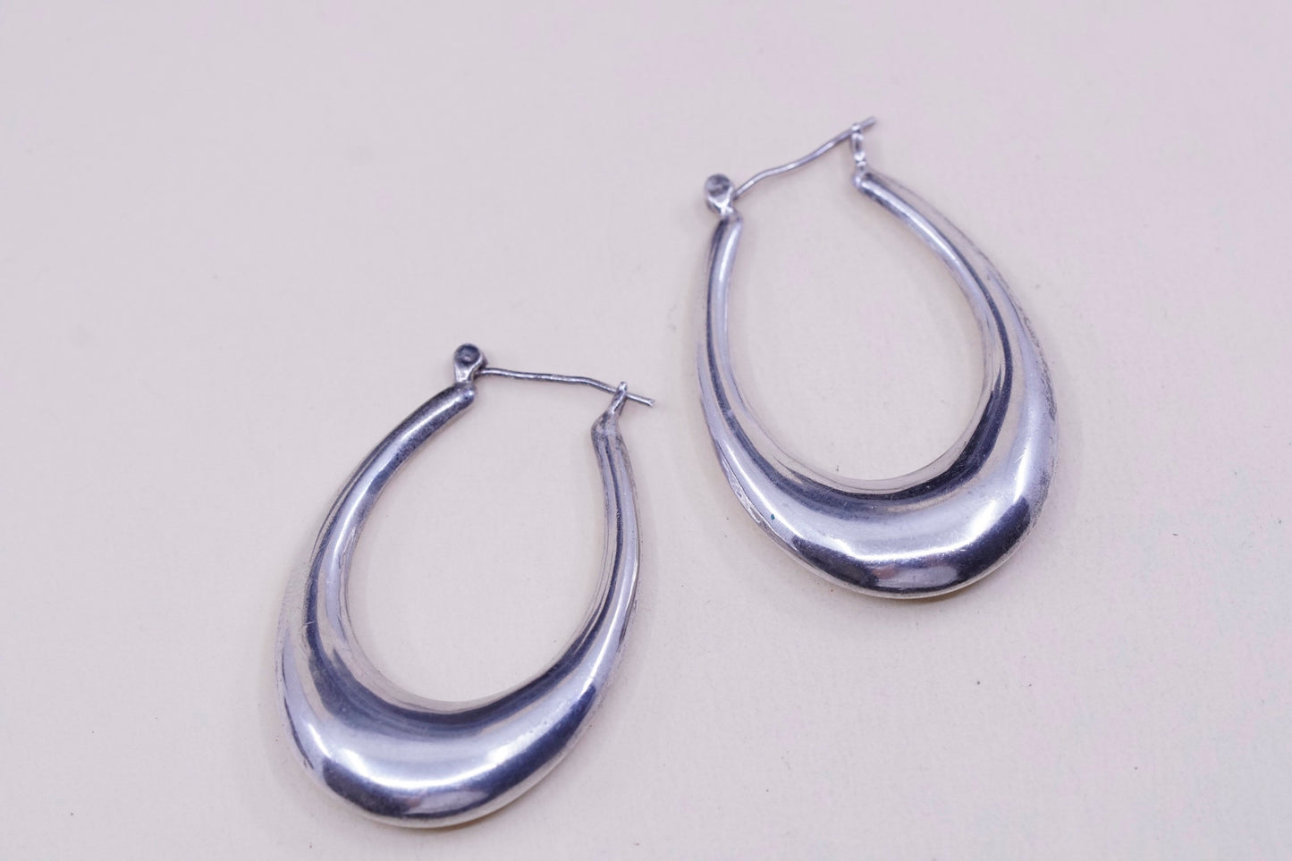 1.75” vtg sterling silver handmade earrings, minimalist primitive oval hoops