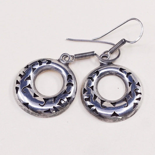 vtg Sterling silver handmade earrings, 925 silver circle disc dangles