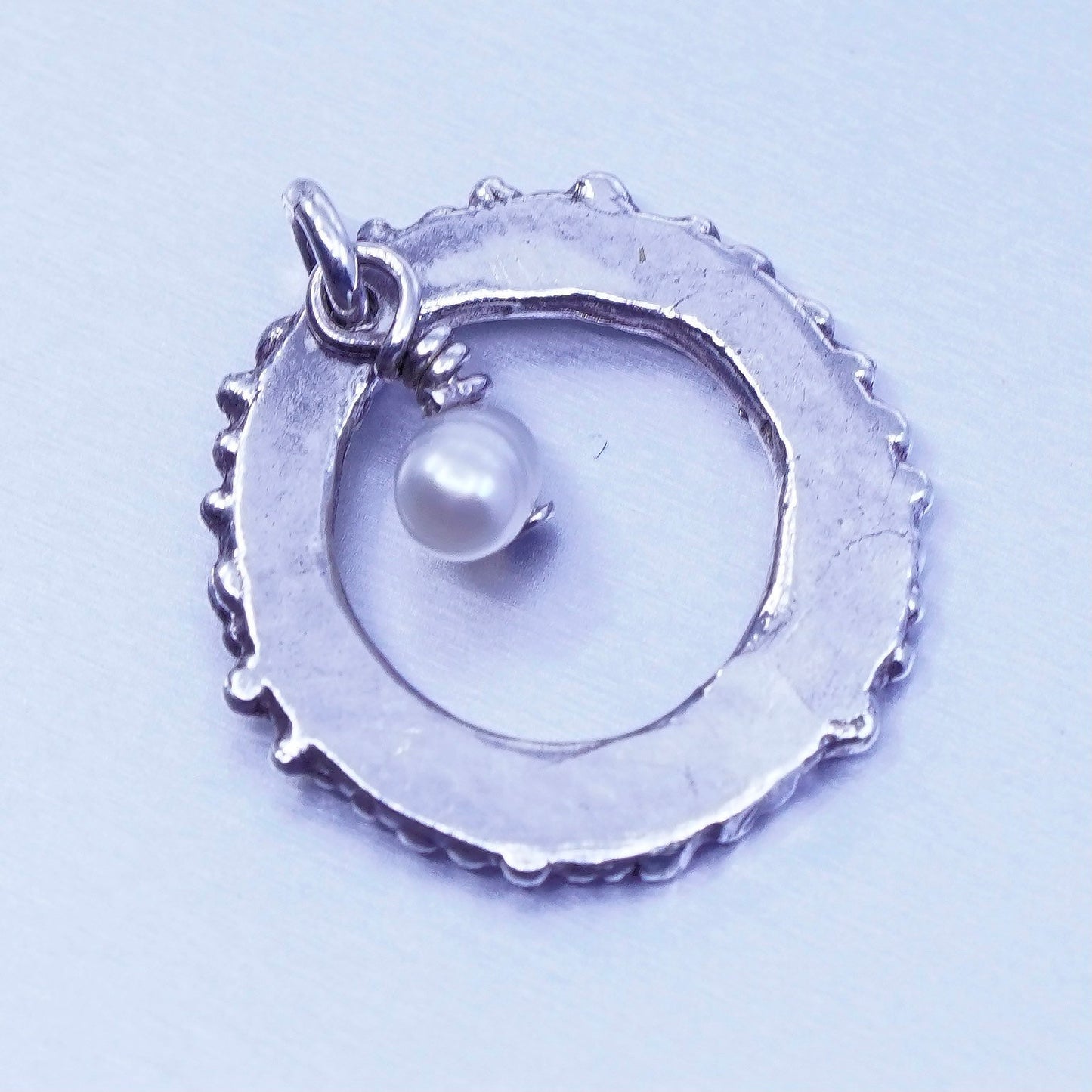 antique sterling 925 silver handmade circle pendant with pearl