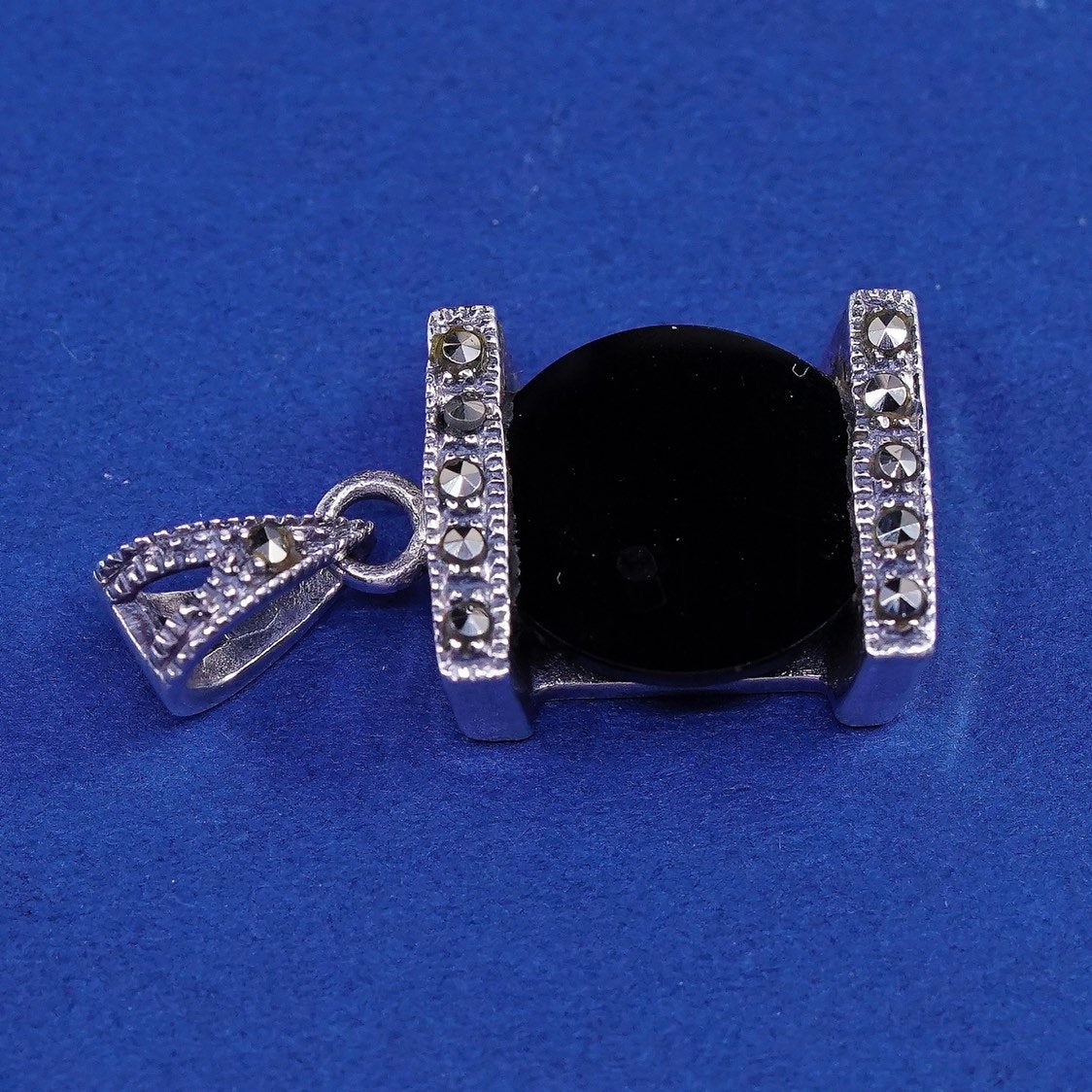 vtg sterling silver handmade pendant, 925 w/ obsidian N marcasite