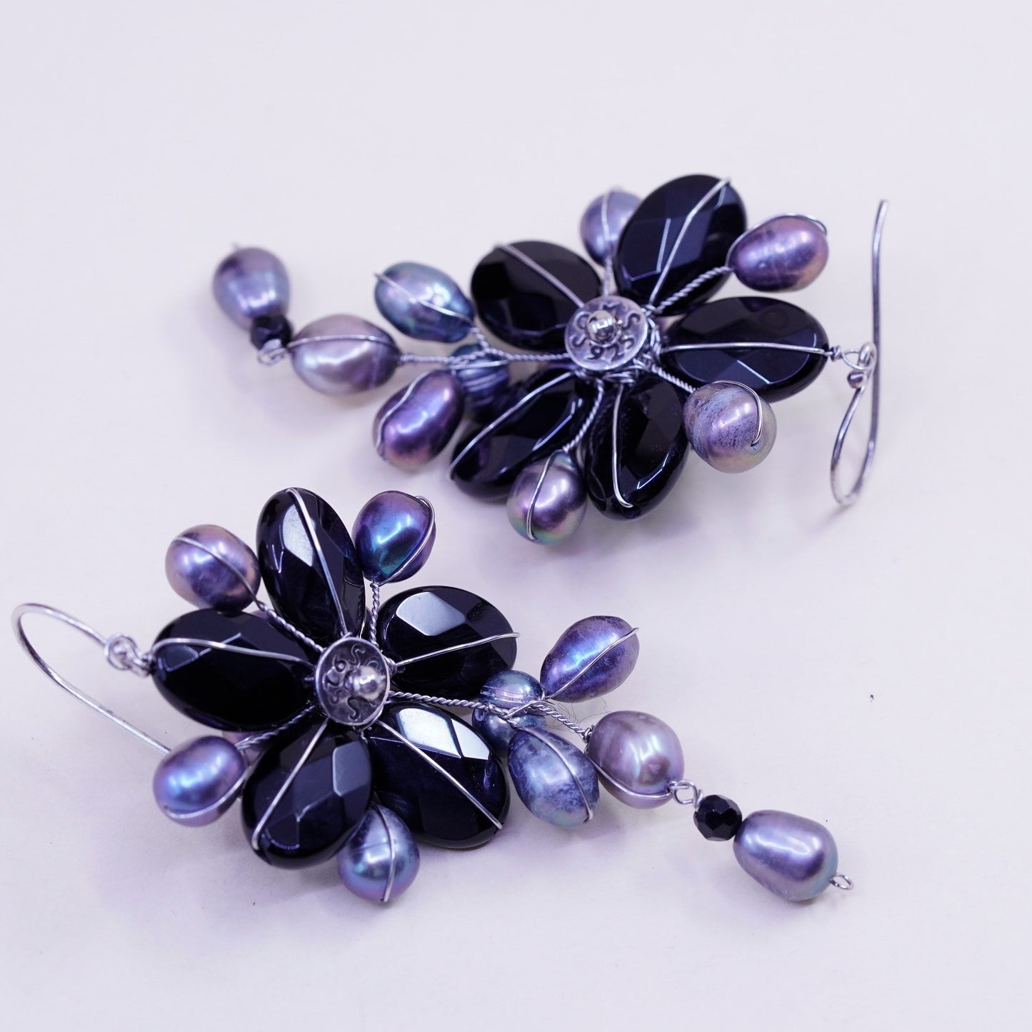 Vintage Soms Sterling 925 silver handmade earrings with flower pearl obsidian