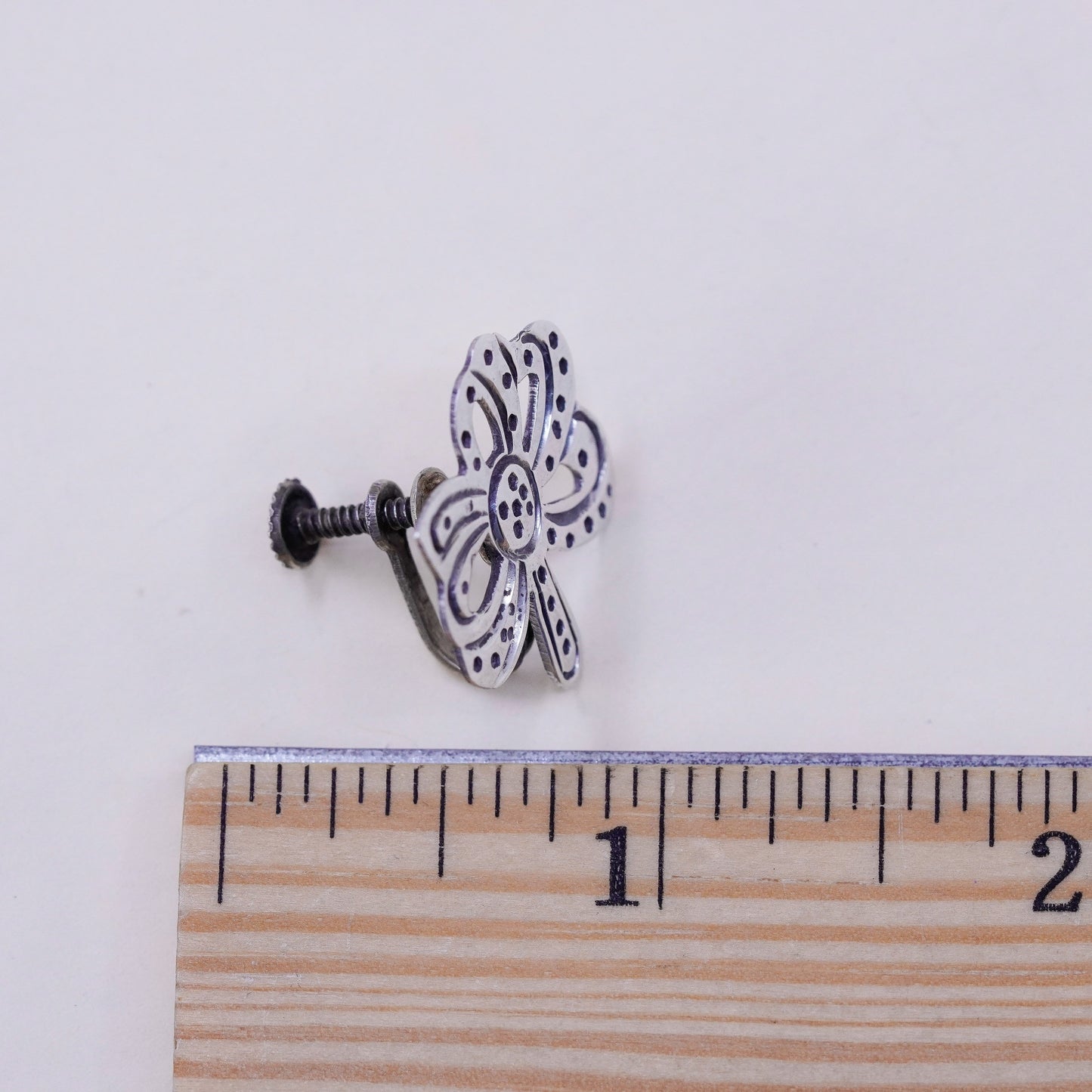 Vintage Sterling silver handmade earrings, 925 screw back bow tie ribbon