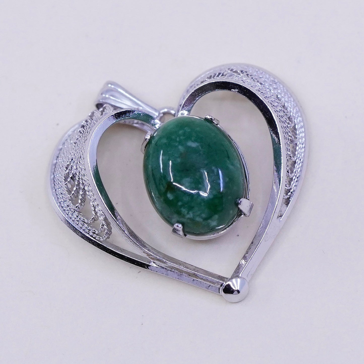 vintage sterling silver handmade pendant, 925 filigree heart with jade