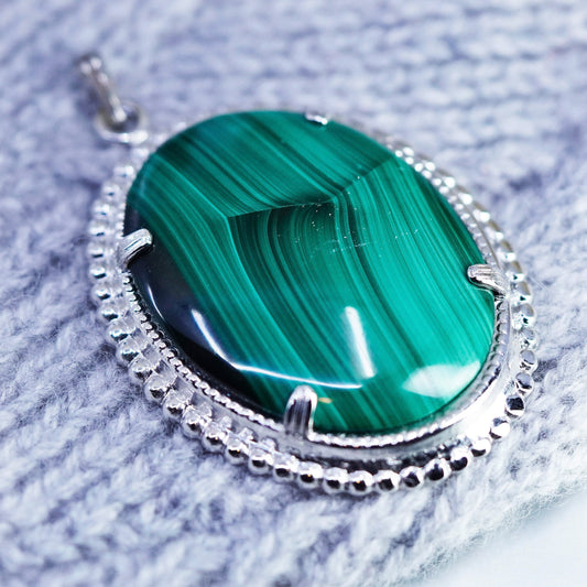 Vintage sterling 925 silver handmade oval pendant with malachite