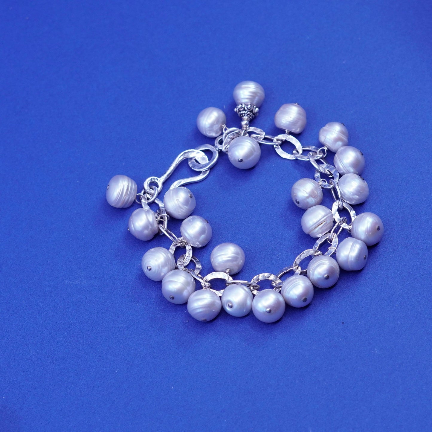 7”, Sterling silver handmade bracelet, 925 flatten circle chain cluster pearl