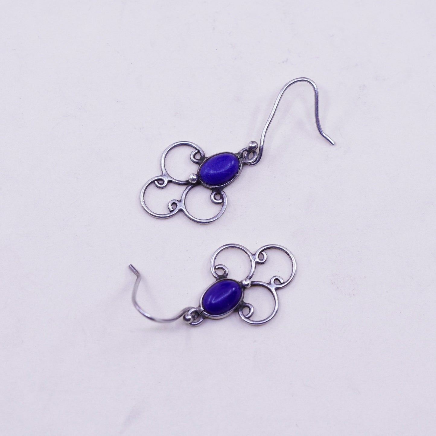 Vintage Sterling 925 Silver Handmade earrings with oval lapis lazuli inlay