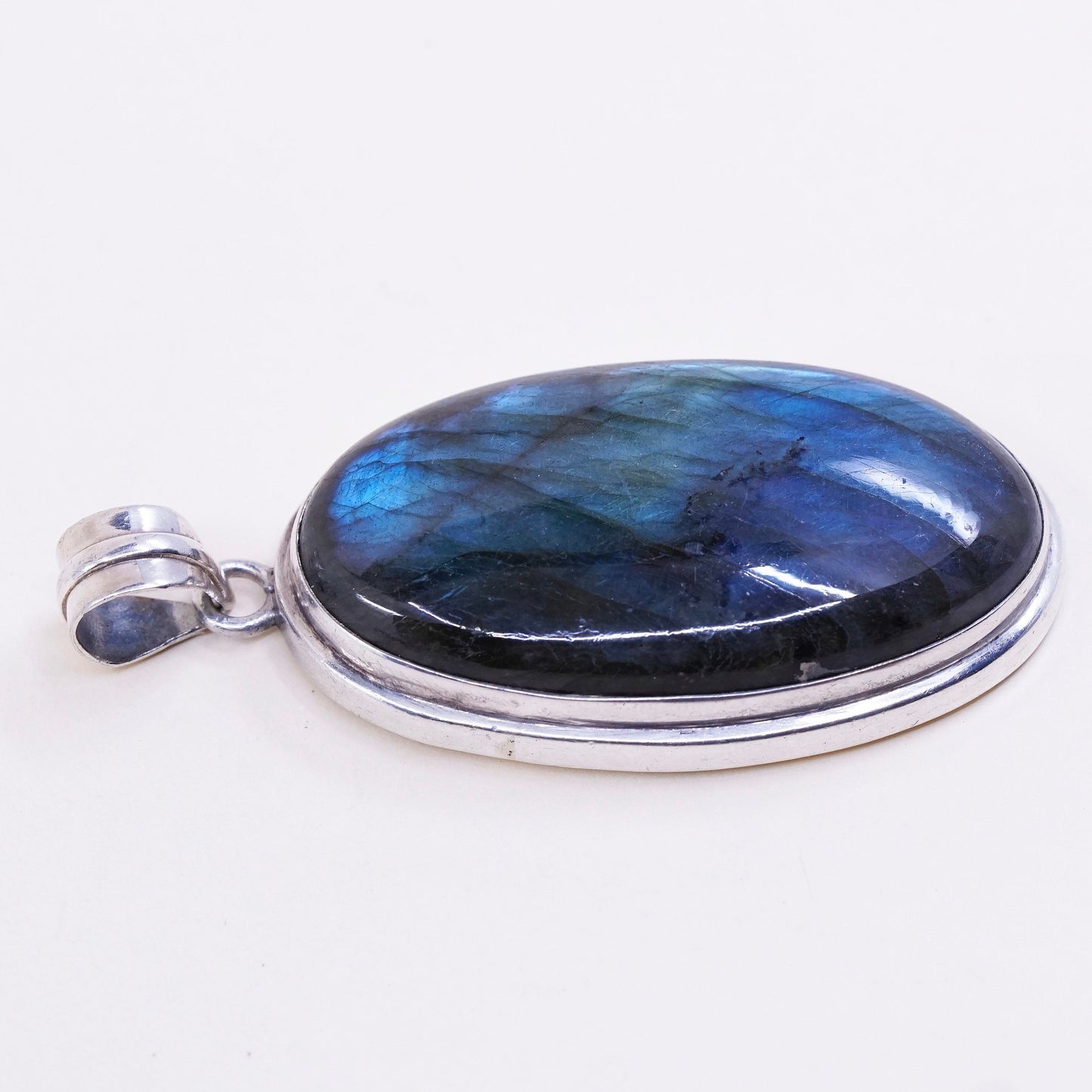 vtg Sterling silver handmade slide pendant, Mexican 925 w/ huge labradorite