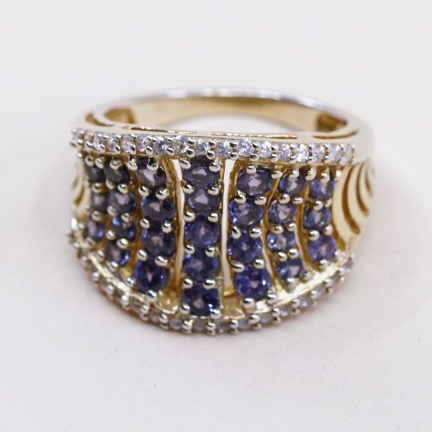 sz 7, Vermeil gold sterling silver ring, 925 band w/ cluster amethyst N diamond