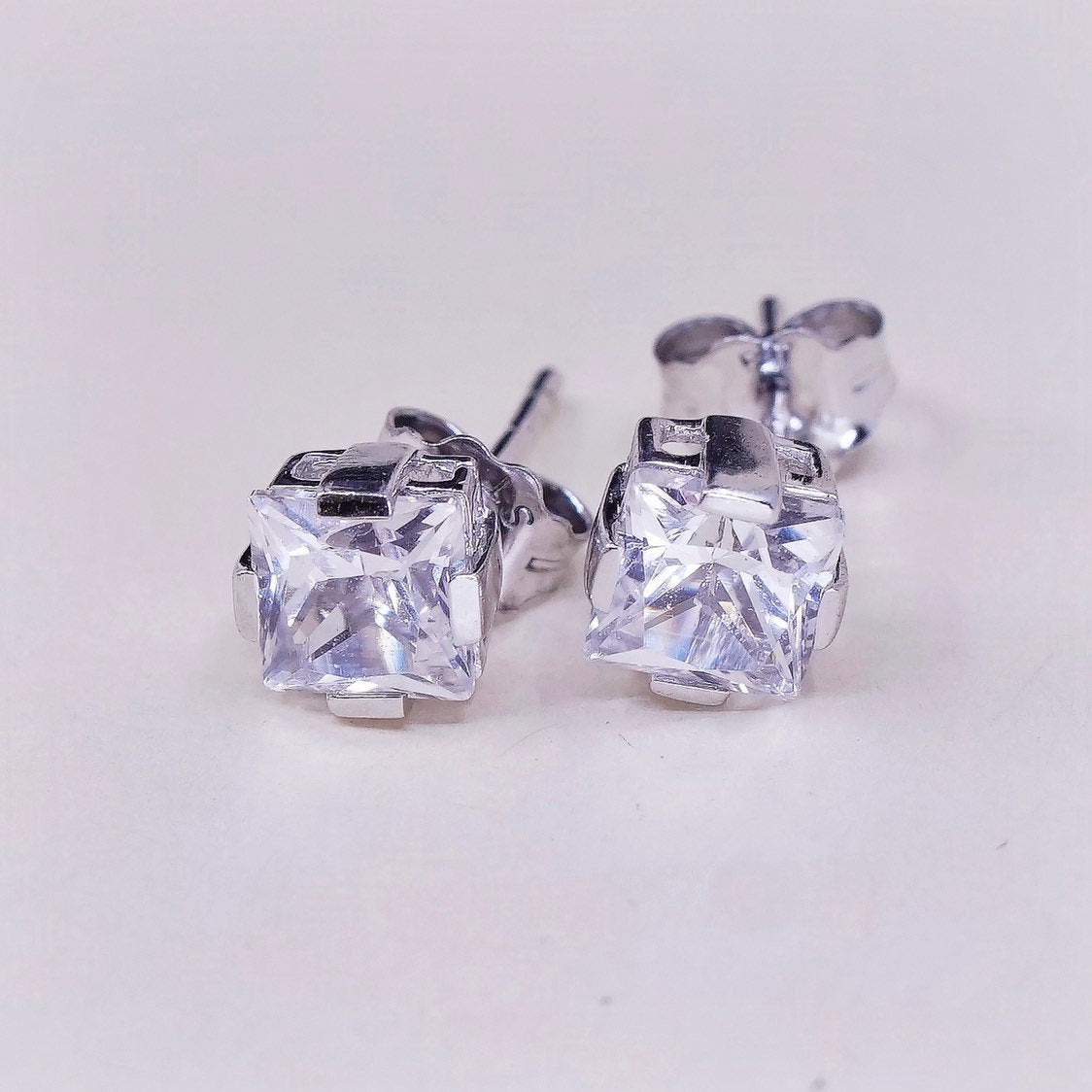 VTG sterling silver square clear CZ studs, fashion minimalist earrings