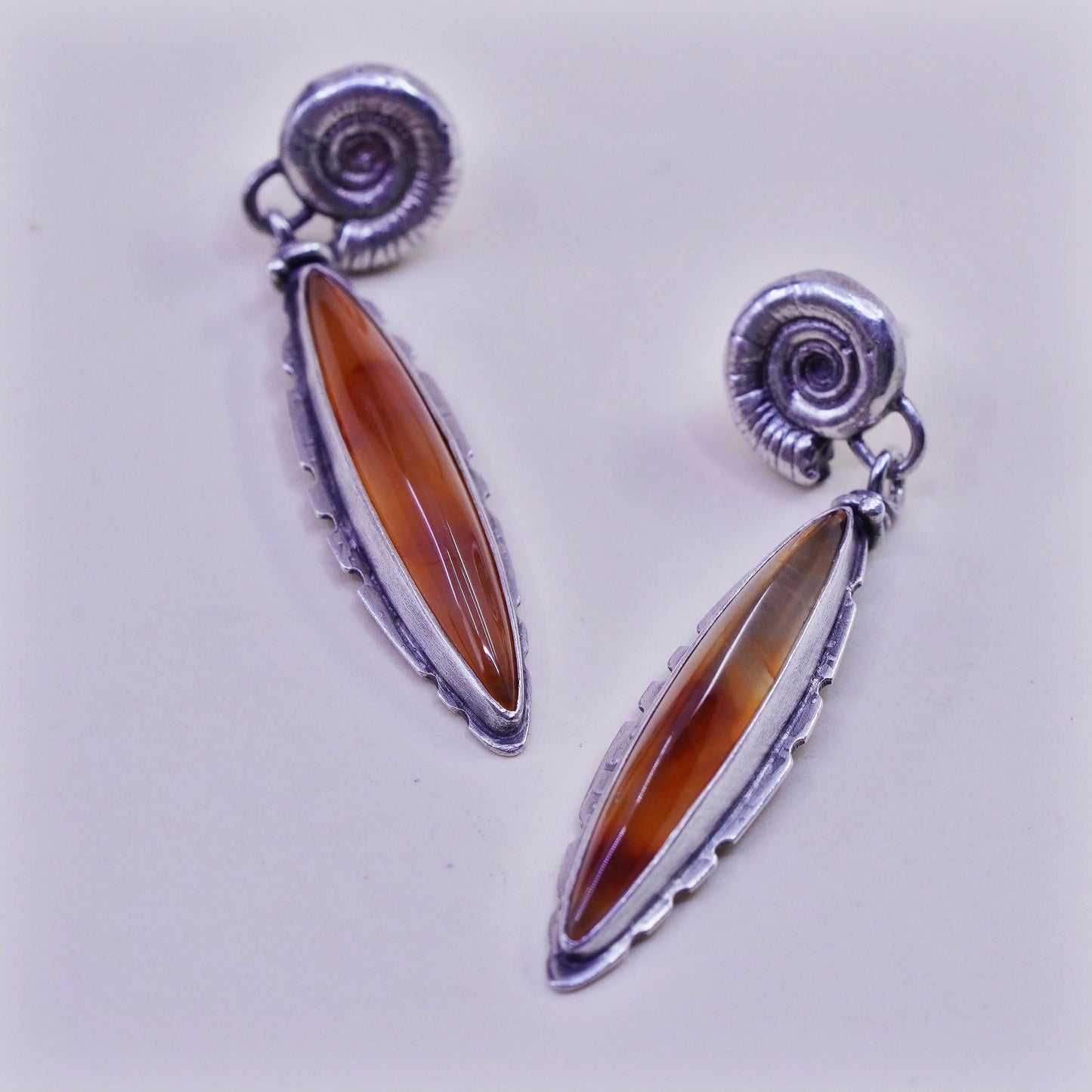 Vintage sterling 925 silver handmade shell earrings with Marquise honey Amber