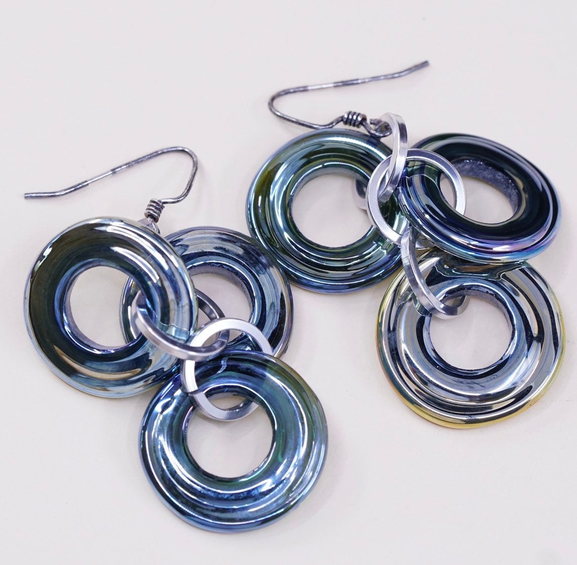 VTG sterling silver handmade earrings, 925 entwined circles dangles