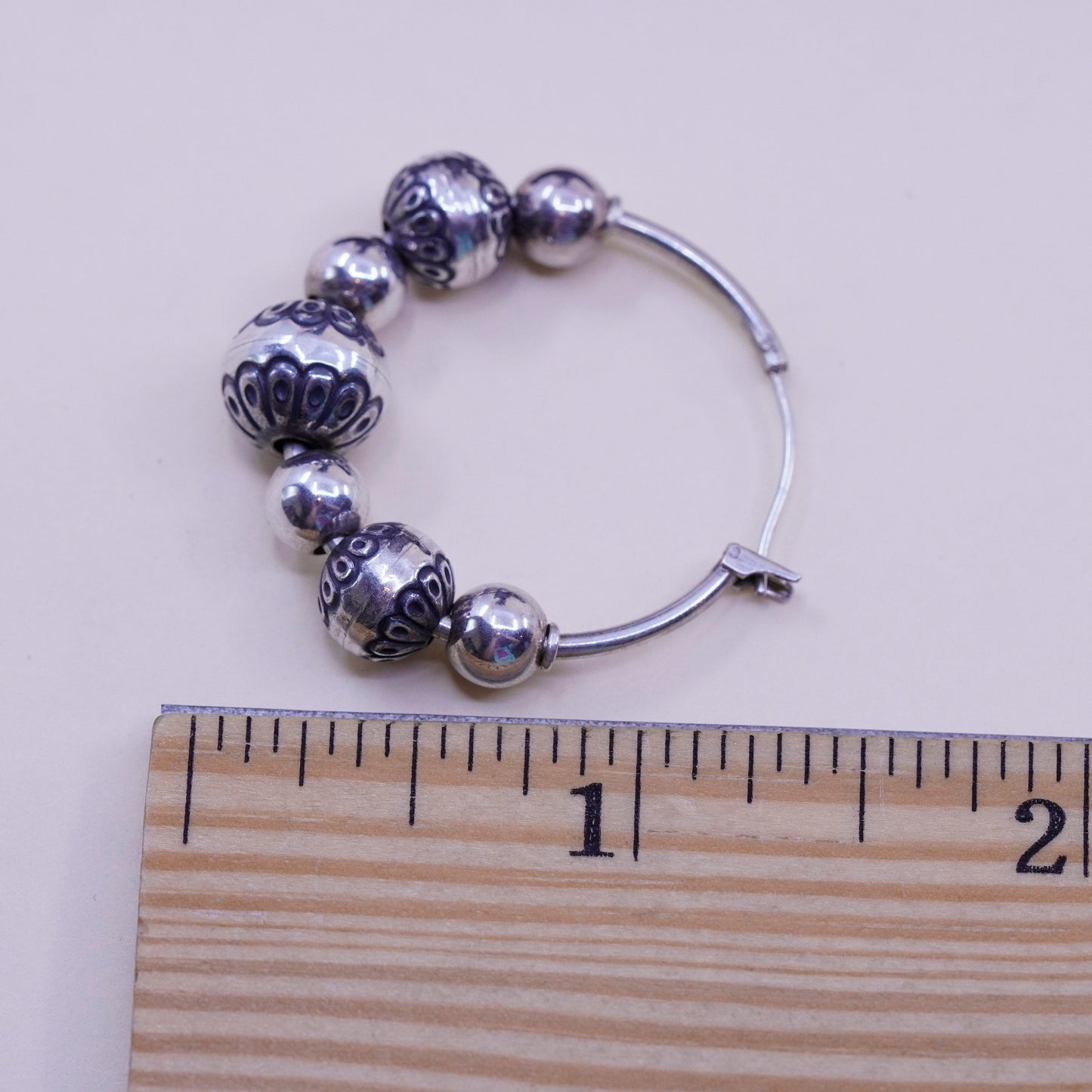1.25”, Vintage sterling 925 silver loop handmade earrings textured beaded hoops