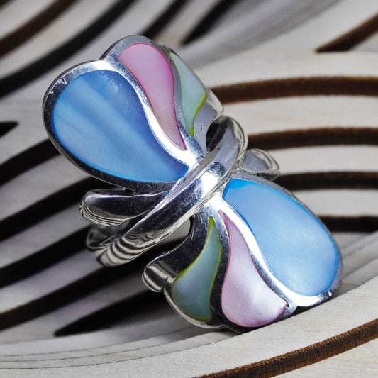 Size 8, vintage Sterling 925 silver ring with pink and blue mother of pearl