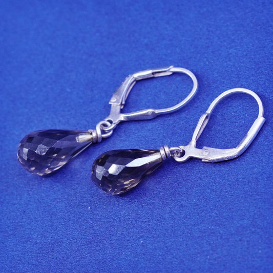 Vintage sterling 925 silver handmade earrings with teardrop smoky topaz