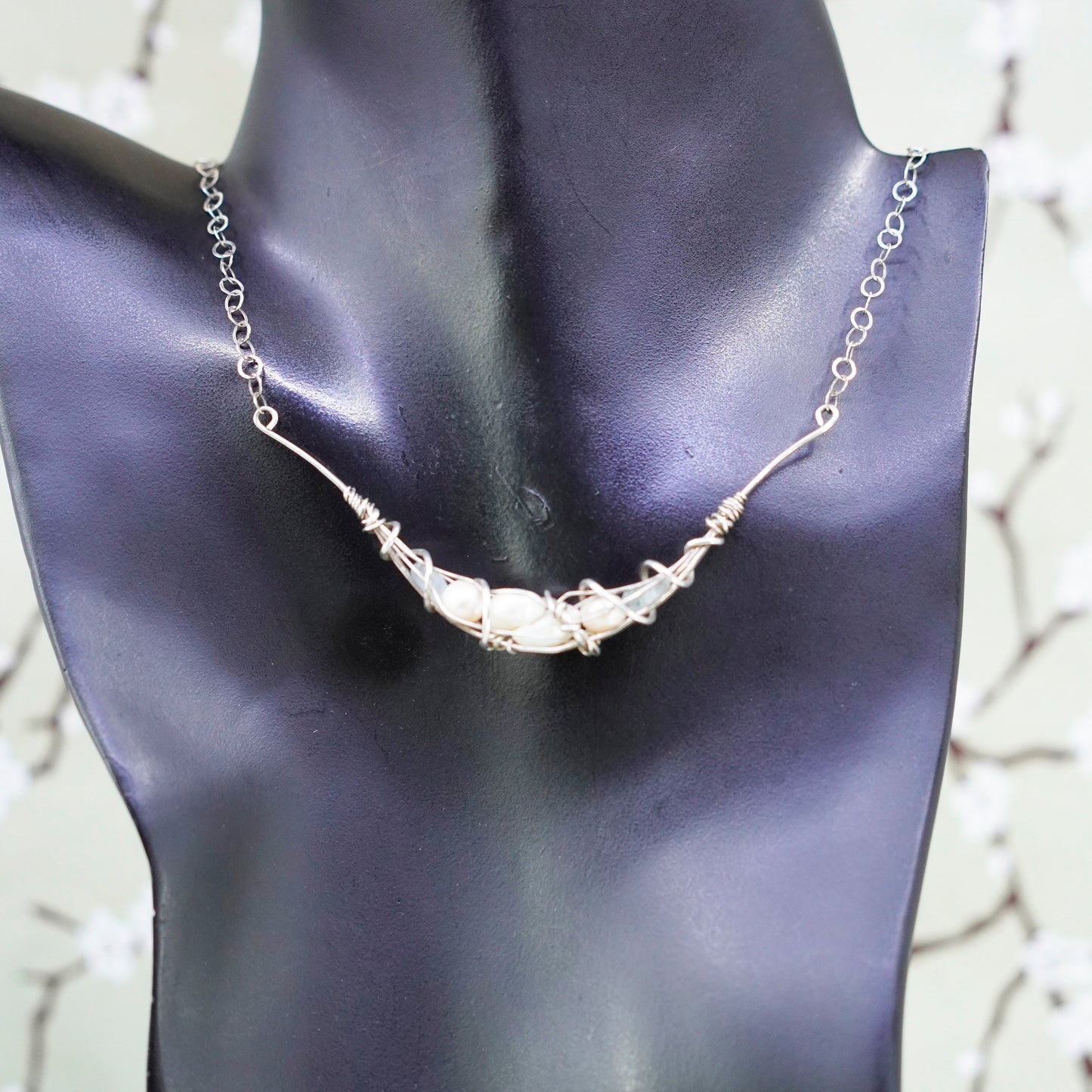 16”, sterling silver handmade necklace, flatten circle chain with pearl pendant