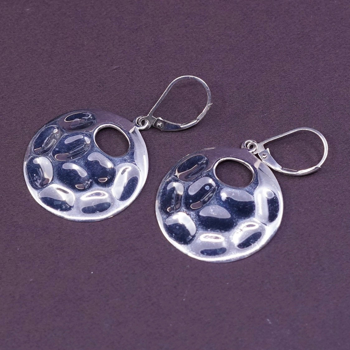 VTG Sterling silver handmade earrings, Thailand 925 with hammered disc drops