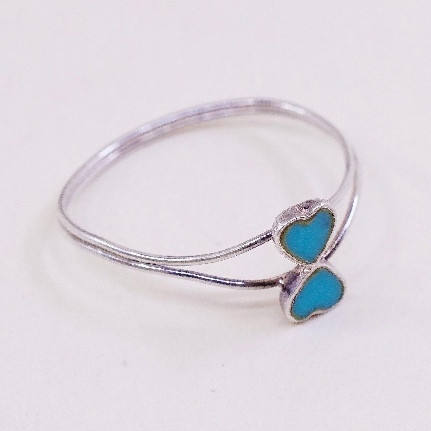 sz 8.25, vtg sterling silver handmade ring, Mexico 925 ring w/ turquoise hearts