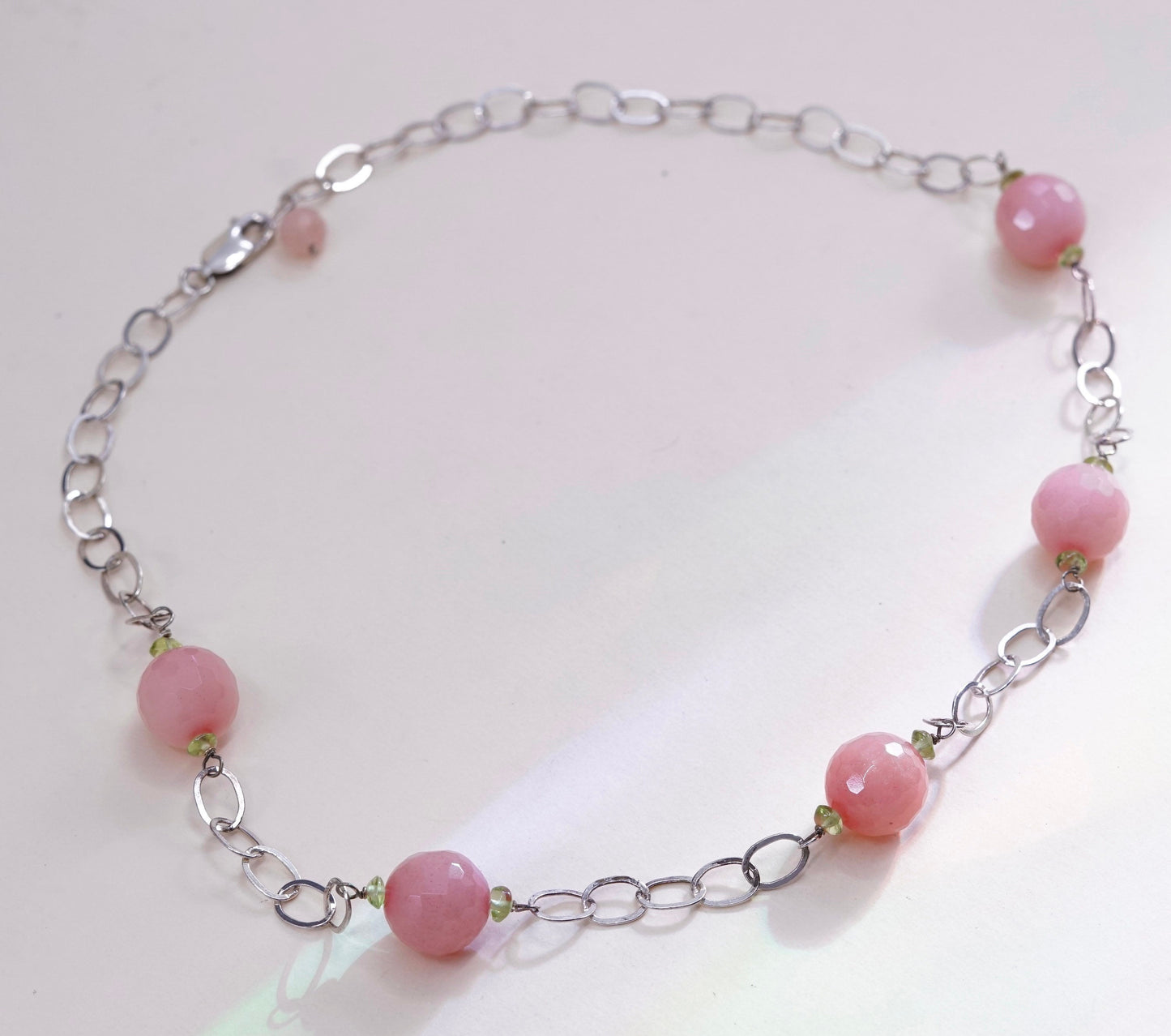 18”, sterling silver necklace, 925 flatten circle chain w/ rose pink quartz