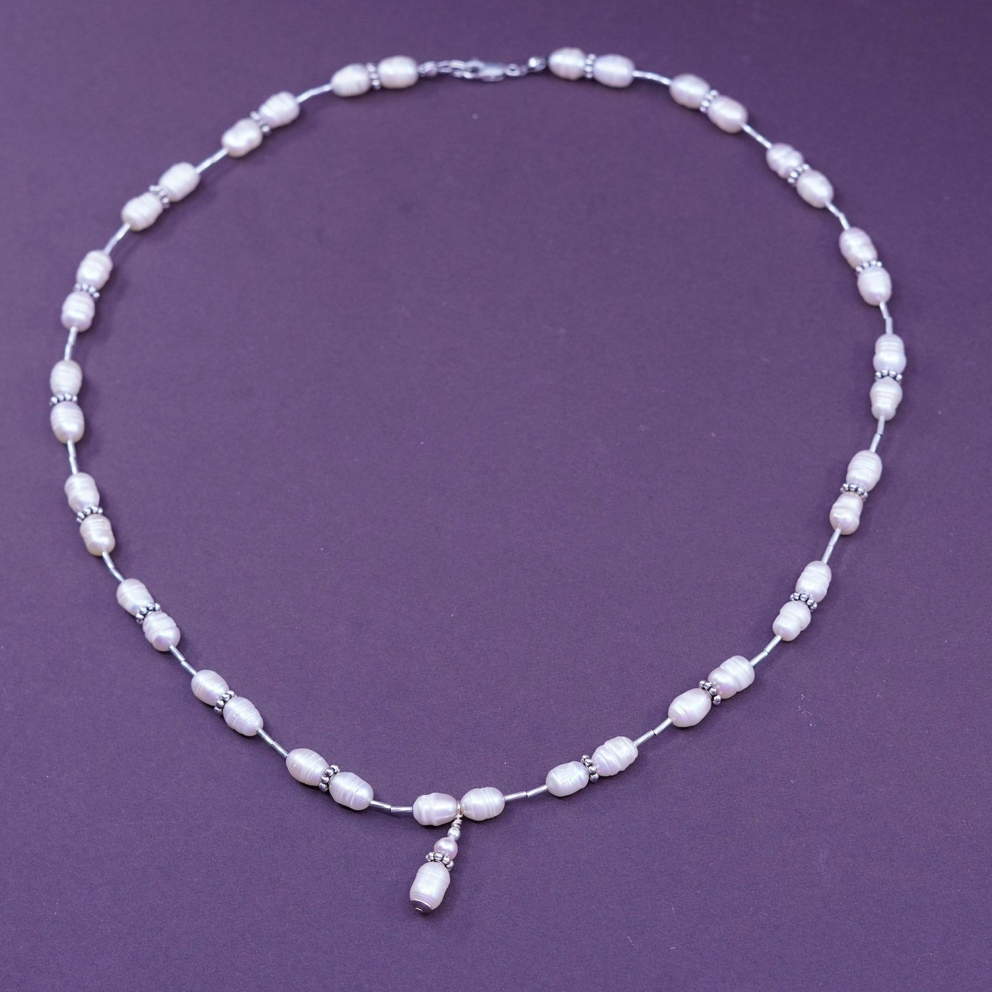 20”, vintage Sterling 925 silver handmade liquid silver necklace baroque pearl