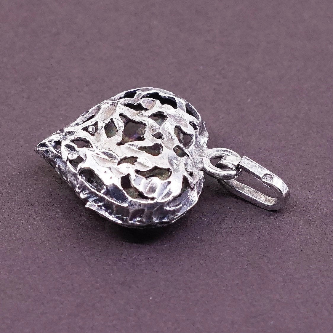 VTG Sterling silver handmade pendant, 925 silver filigree puffy heart pendant