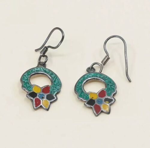 Vtg Sterling Handmade Earrings, Mexico 925 Silver Enamel Flower, Stamped tm 95