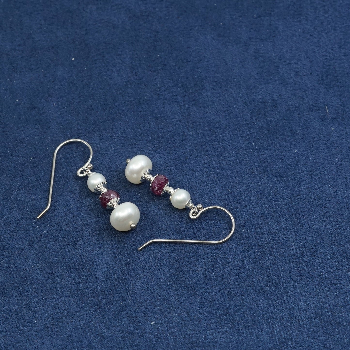 vtg Sterling silver handmade earrings, 925 w/ pearl N ruby crystal drops