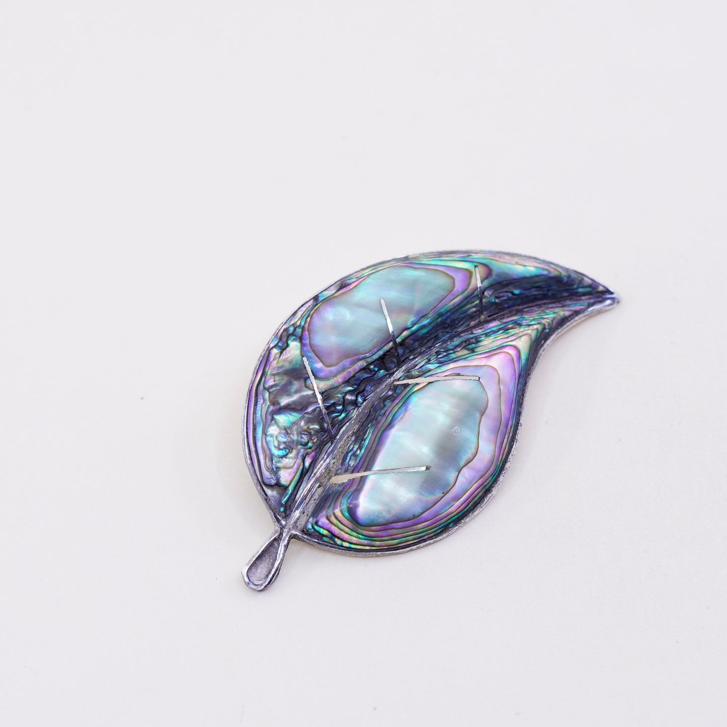 Antique Sterling silver handmade brooch, 925 leaf pin with abalone inlay