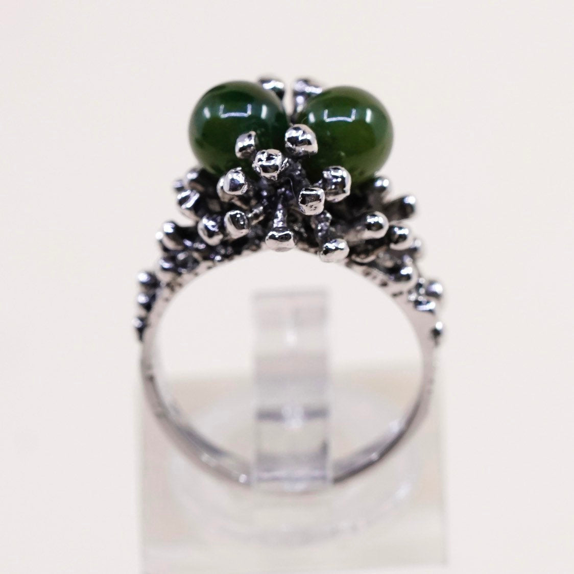 sz 5.25, vtg handmade sterling silver statement ring, unique beads w/ jade ring