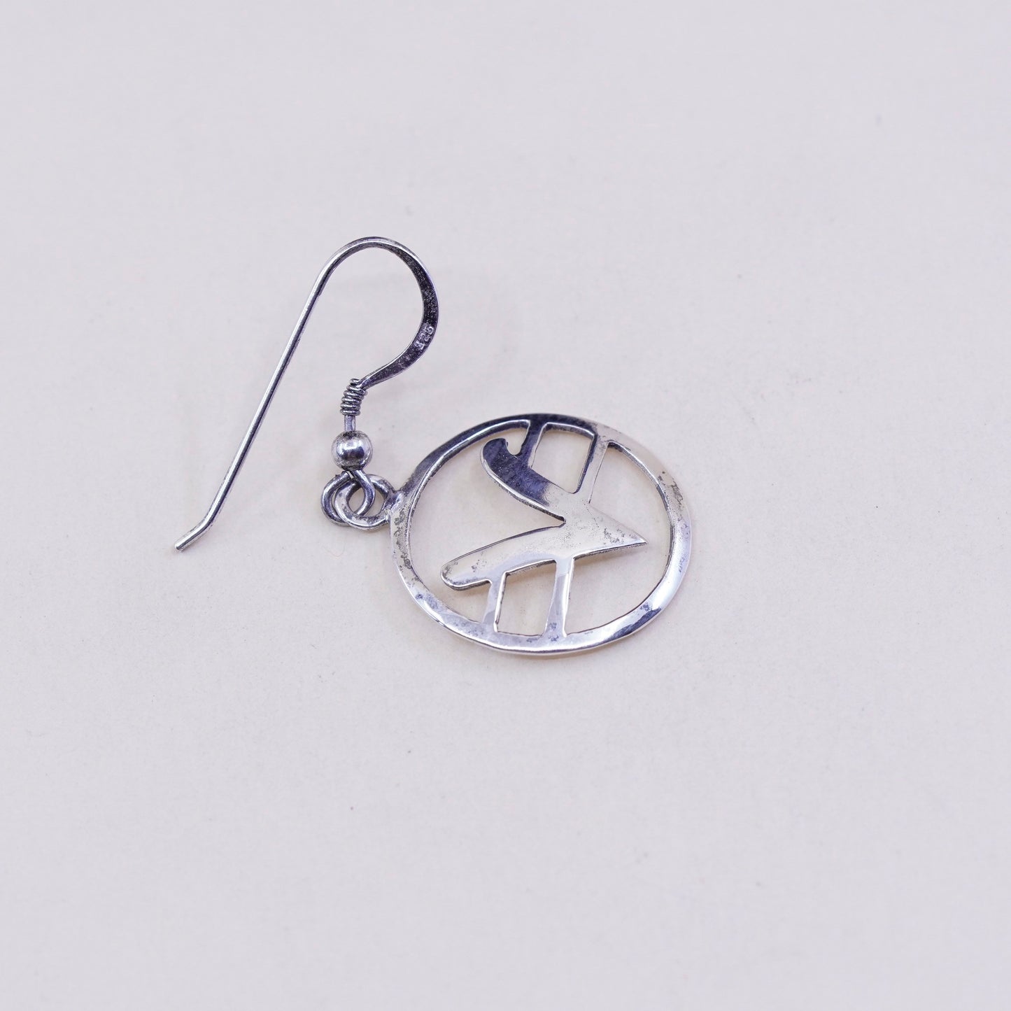 Sterling silver handmade earrings, Mexico 925 circle dangle with initial V