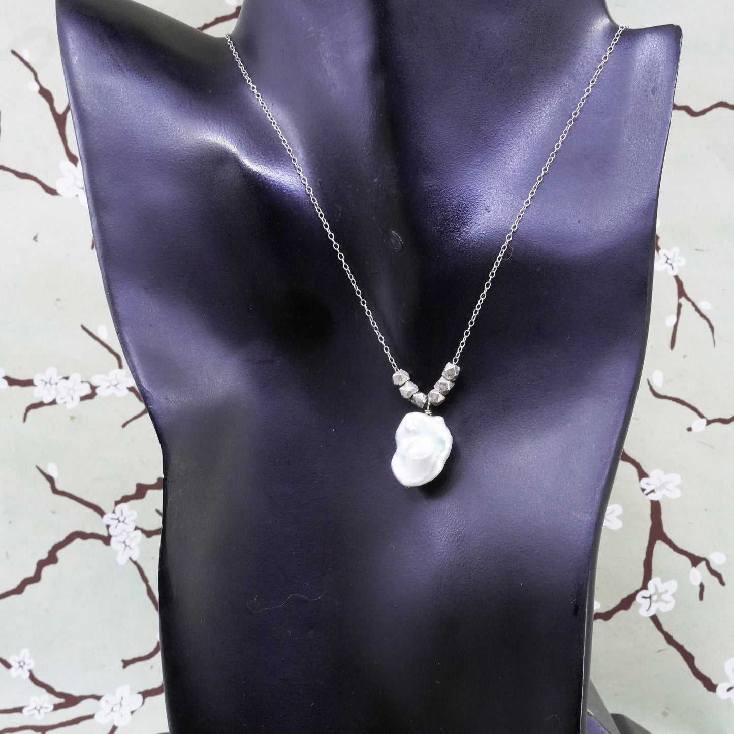 15+3”, vintage sterling 925 silver handmade necklace, circle chain coin pearl