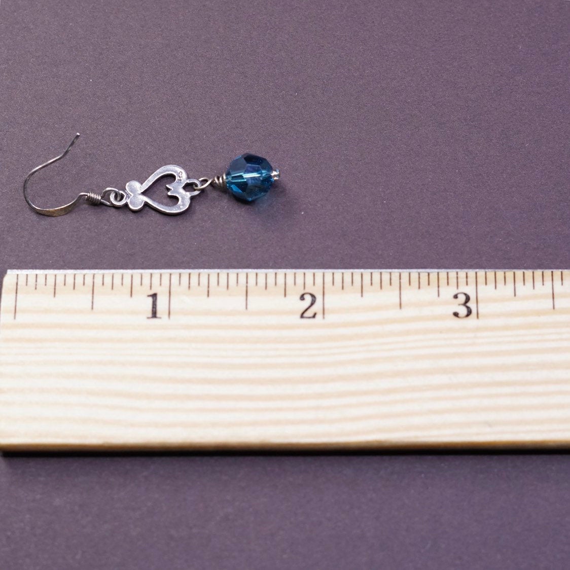 VTG Sterling silver Handmade earrings, 925 Bali dangle W/ blue crystal