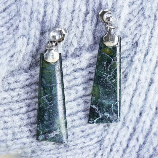 vtg sterling silver handmade earrings, 925 teardrop vesuvianite green gemstone