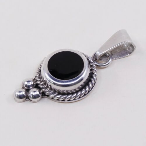 Vtg Mexico OS Sterling 925 Silver Slide Pendant W/ Round Black Onyx, Stamped 925