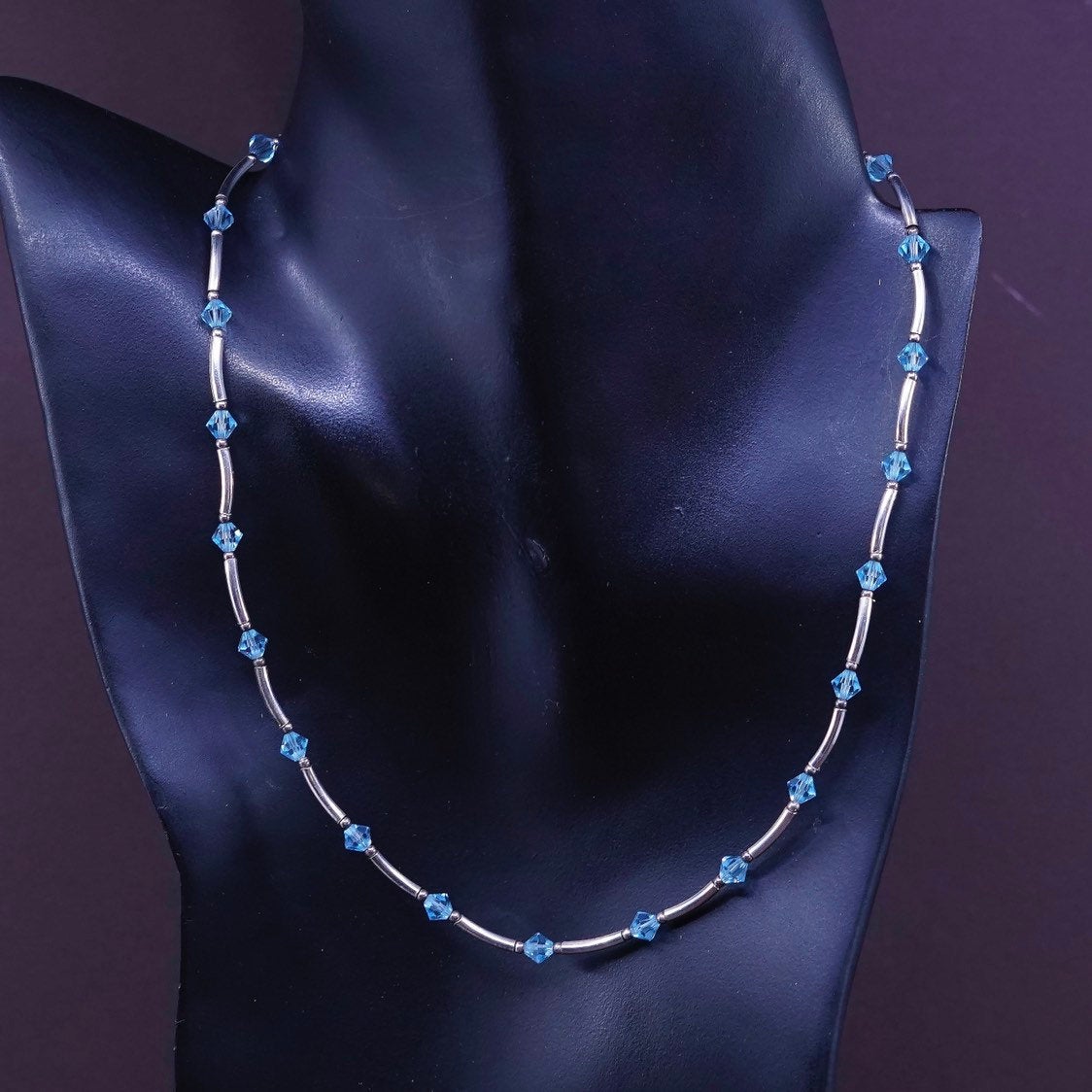 15"+3”, Sterling silver handmade necklace, 925 Bar w/ Swarovski blue bead