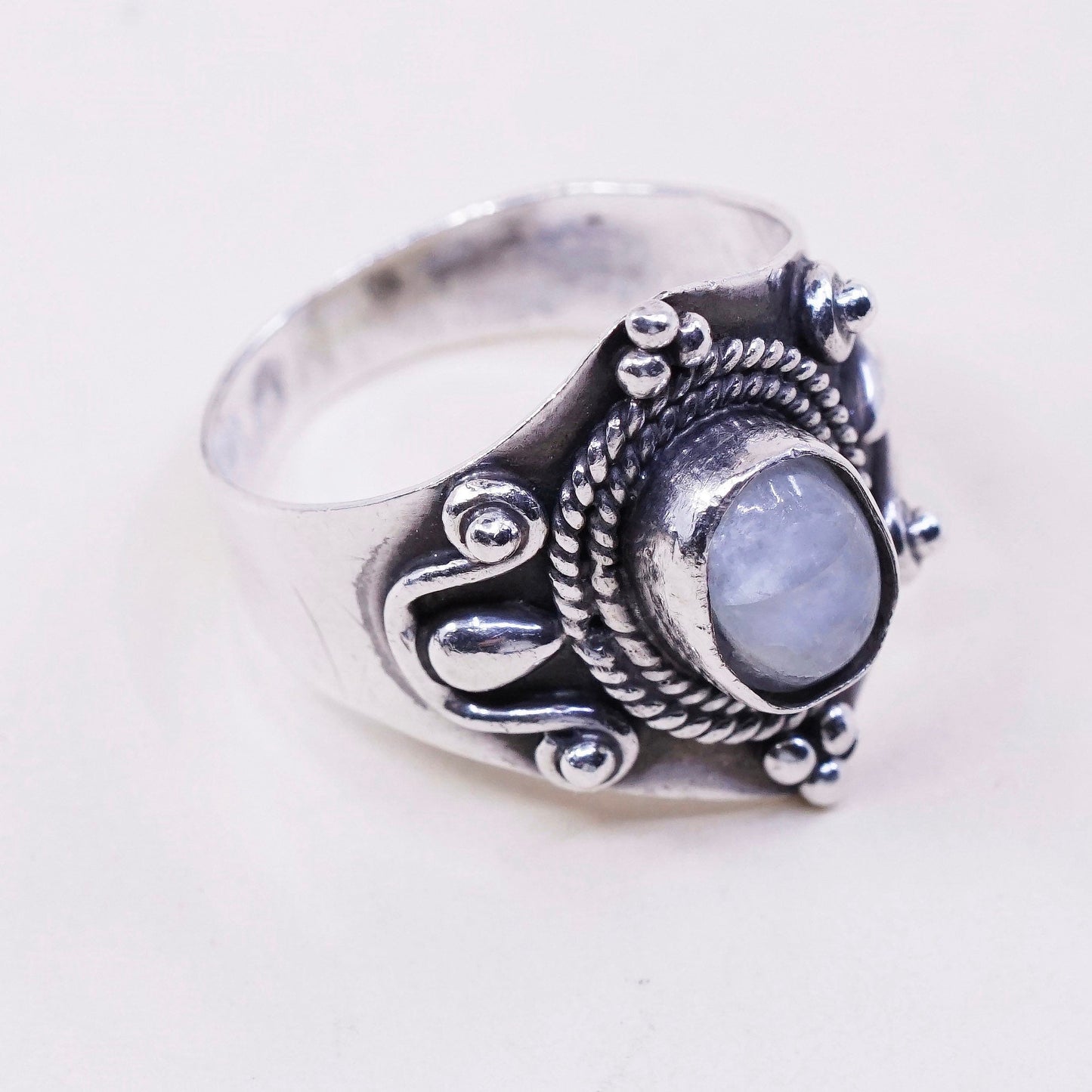 sz 8, vtg sterling silver handmade ring, 925 wide band w/ moonstone and beads