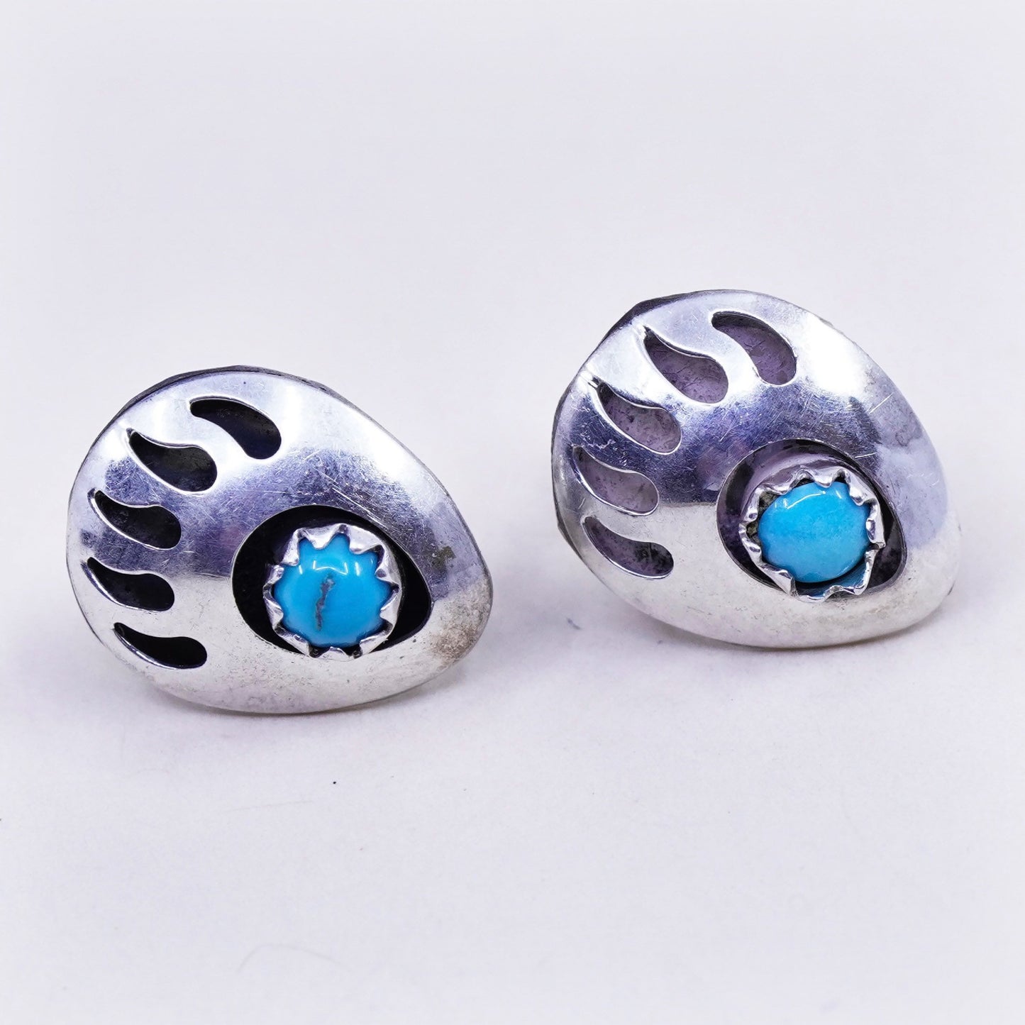Southwestern sterling silver handmade earrings, bear paw 925 studs w/ turquoise