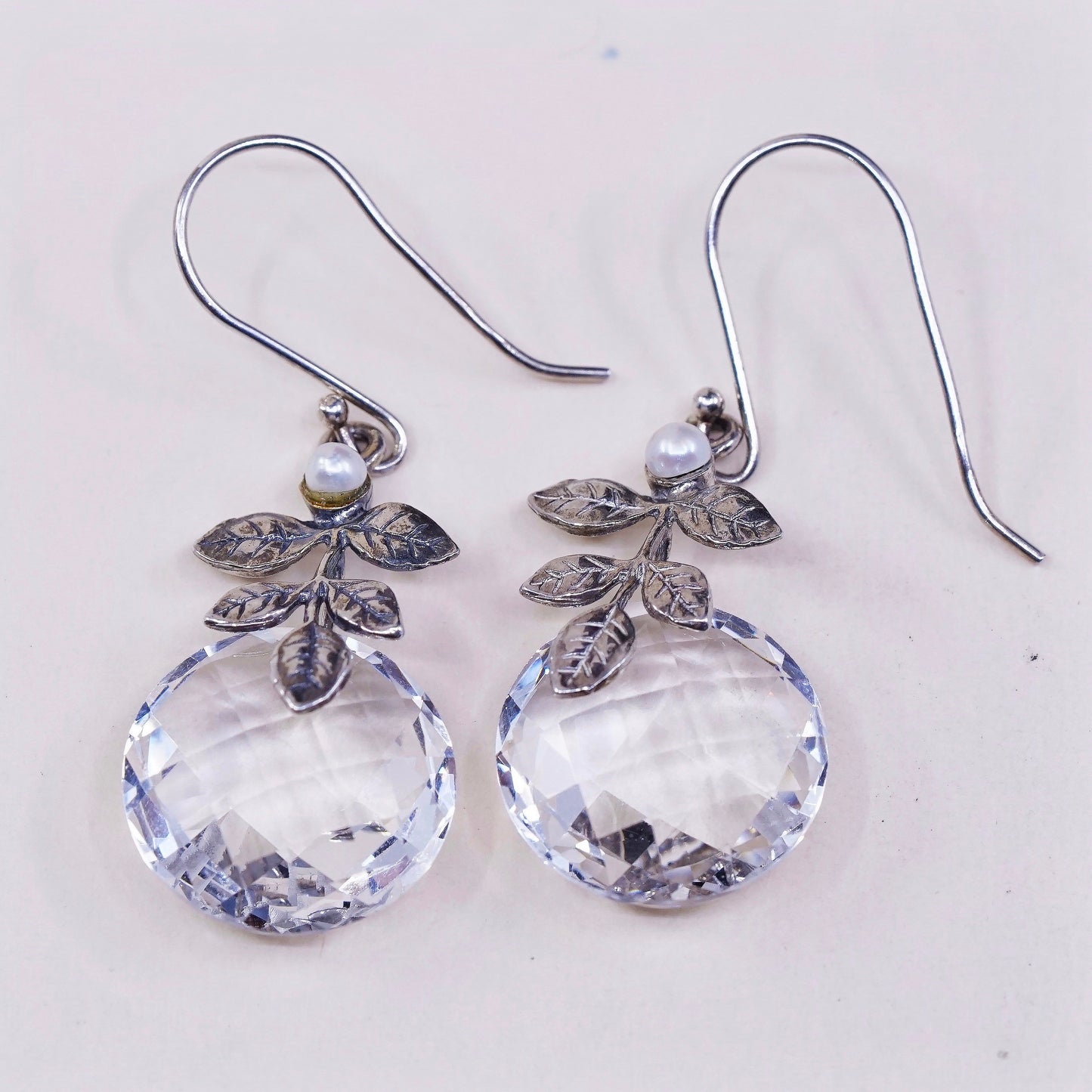 vtg Israel Sterling silver handmade earrings, 925 leaves w/ pearl n cz dangles